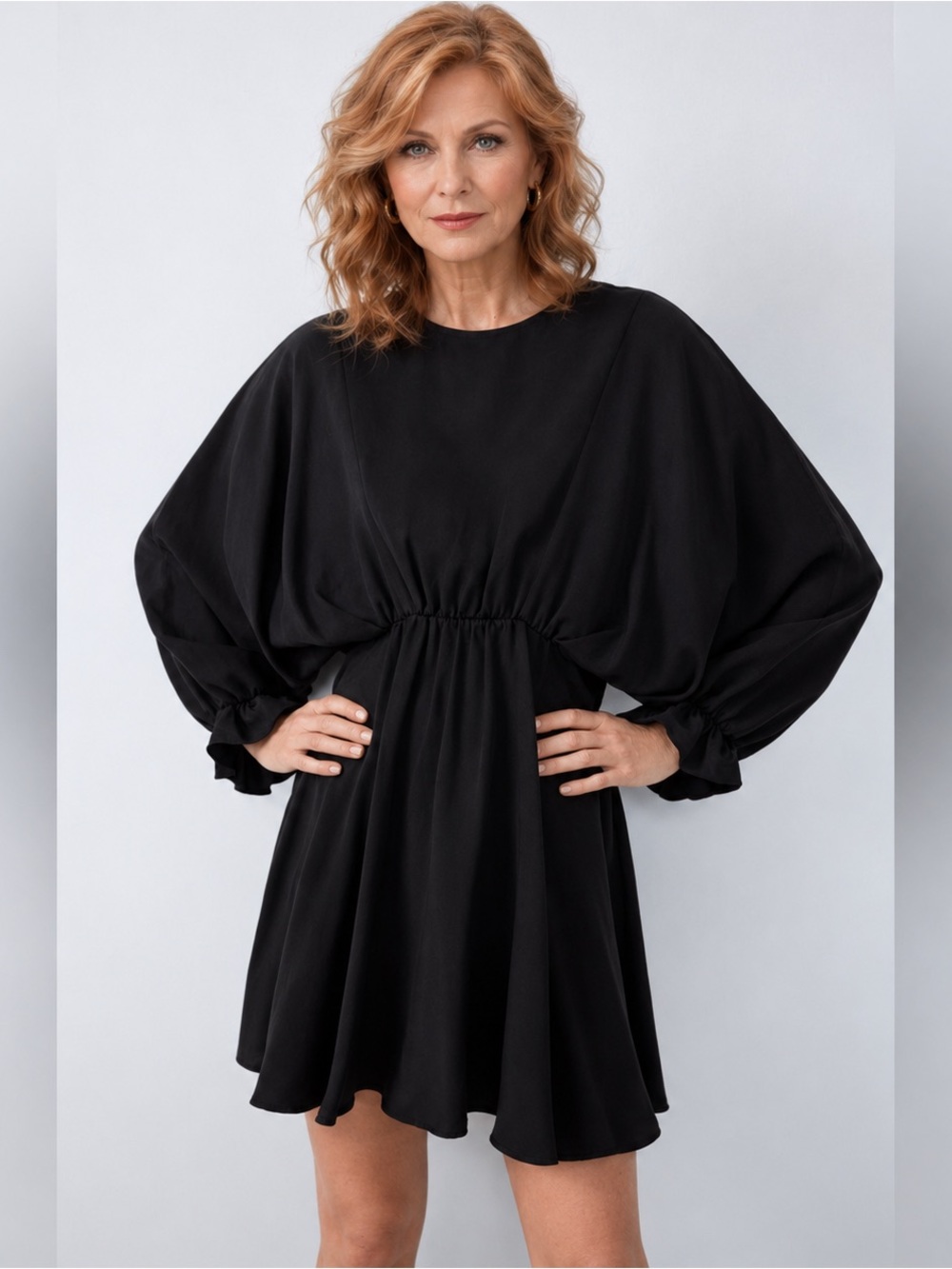 Zara Black Satin Effect Batwing Waist-Drawn Dress - NWT- M